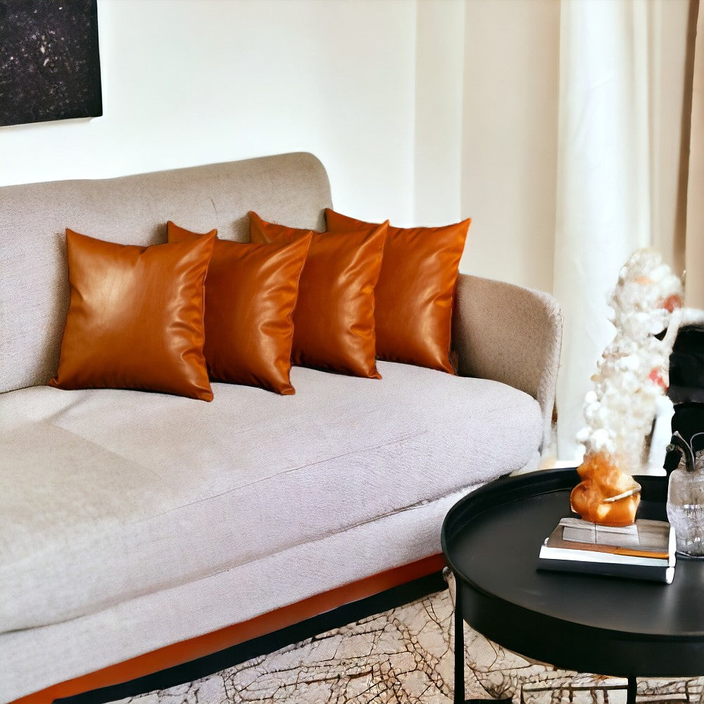 Set of Four 20" Brown Faux Leather Throw Pillow Covers-Accent Throw Pillows-DECOROLALA
