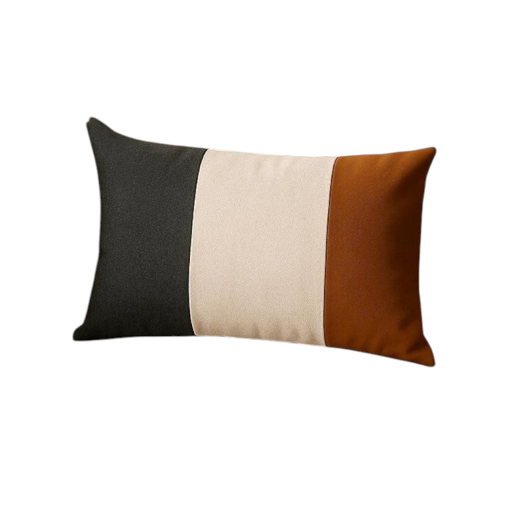 Set of Four 20" Gray Black And Brown Lumbar Faux Leather And Fabric Throw Pillow Covers-Accent Throw Pillows-DECOROLALA