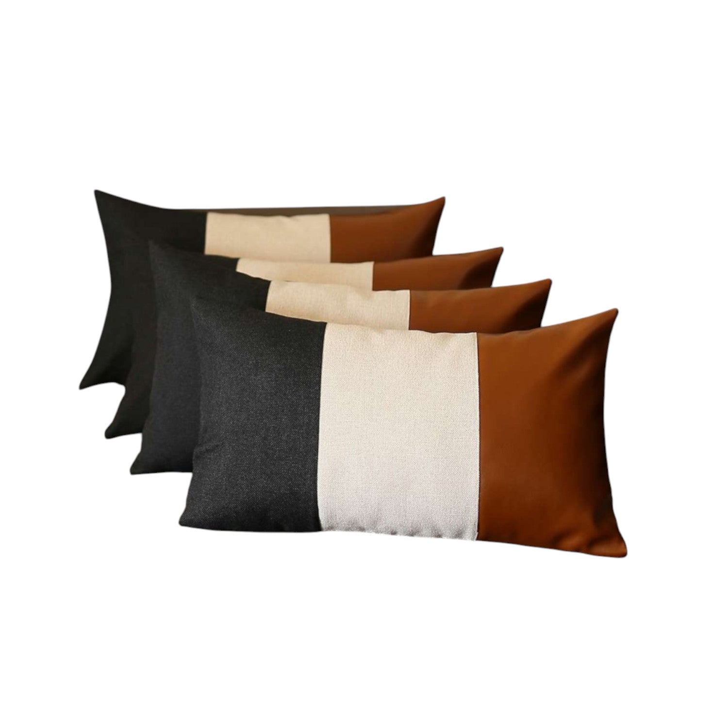 Set of Four 20" Gray Black And Brown Lumbar Faux Leather And Fabric Throw Pillow Covers-Accent Throw Pillows-DECOROLALA