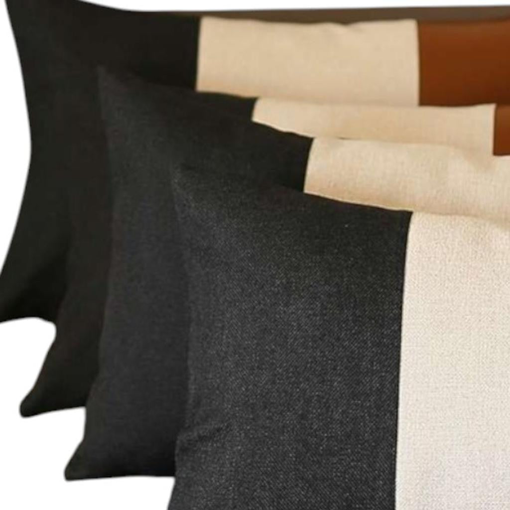 Set of Four 20" Gray Black And Brown Lumbar Faux Leather And Fabric Throw Pillow Covers-Accent Throw Pillows-DECOROLALA