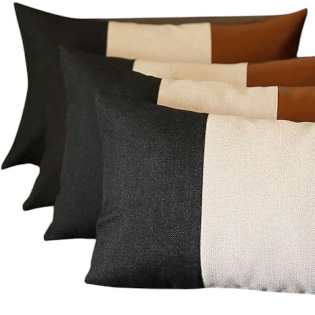 Set of Four 20" Gray Black And Brown Lumbar Faux Leather And Fabric Throw Pillow Covers-Accent Throw Pillows-DECOROLALA