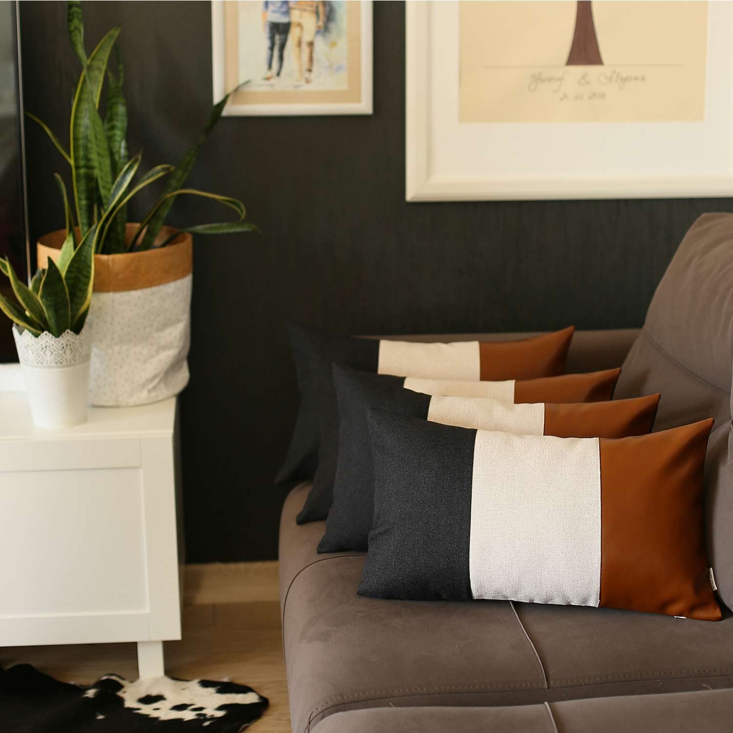 Set of Four 20" Gray Black And Brown Lumbar Faux Leather And Fabric Throw Pillow Covers-Accent Throw Pillows-DECOROLALA