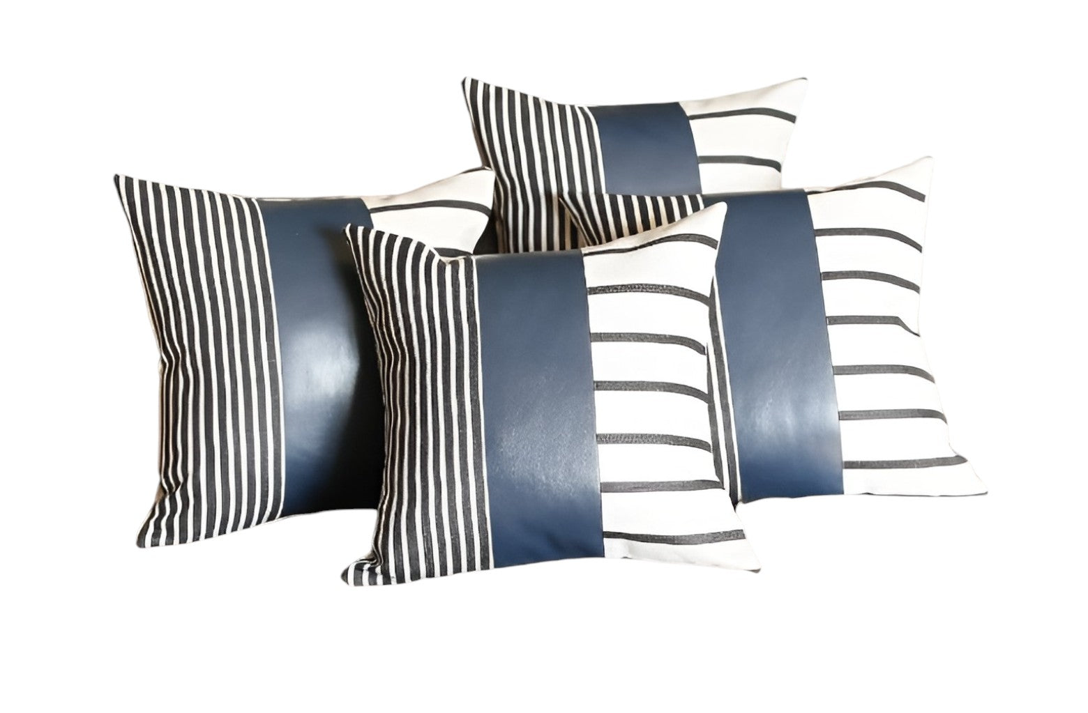 Set of Four 22" Black and White Striped Fabric and Faux Leather Throw Pillow Covers-Accent Throw Pillows-DECOROLALA
