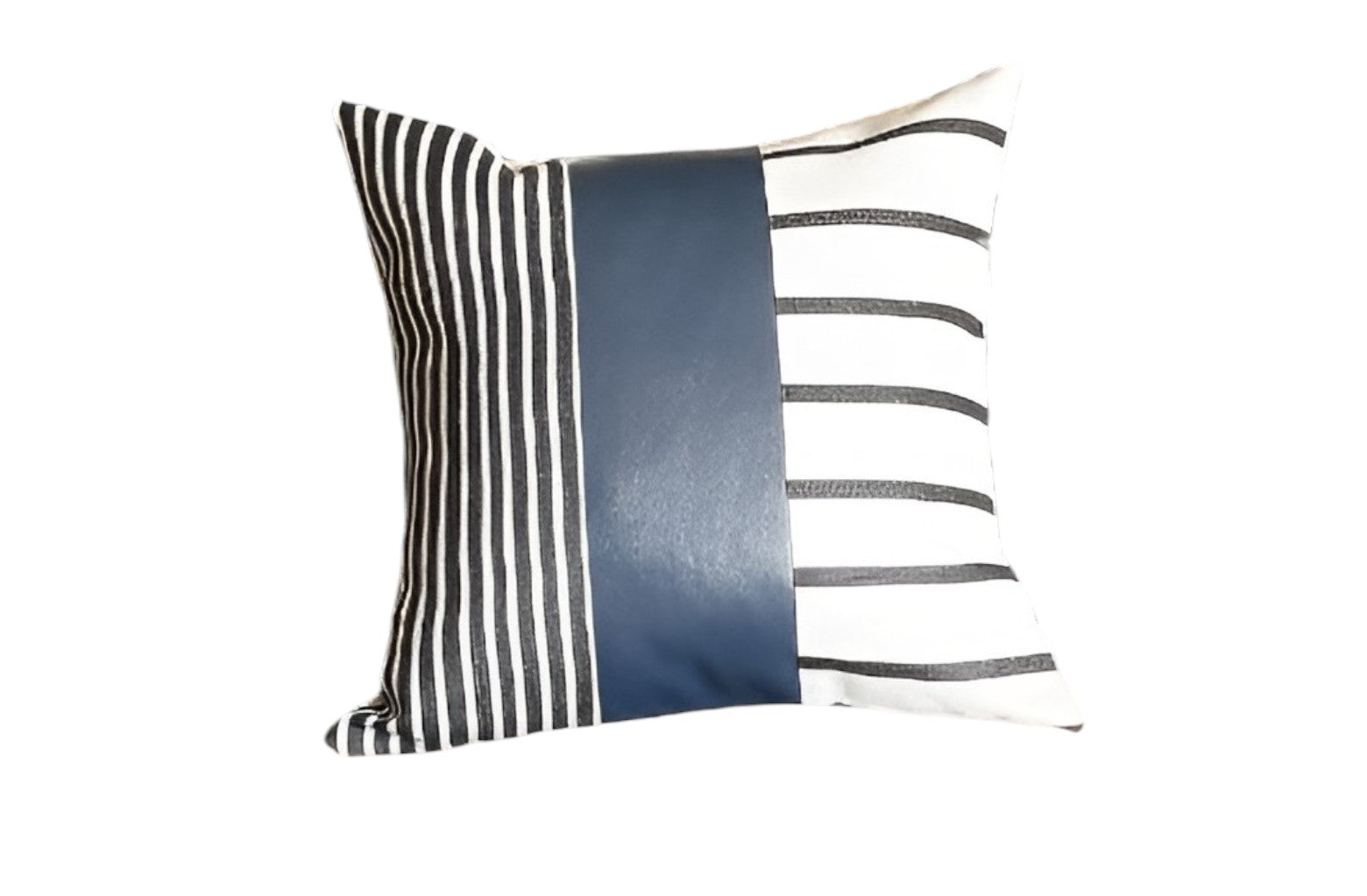 Set of Four 22" Black and White Striped Fabric and Faux Leather Throw Pillow Covers-Accent Throw Pillows-DECOROLALA