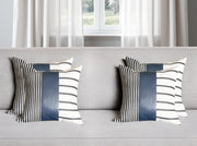 Set of Four 22" Black and White Striped Fabric and Faux Leather Throw Pillow Covers-Accent Throw Pillows-DECOROLALA
