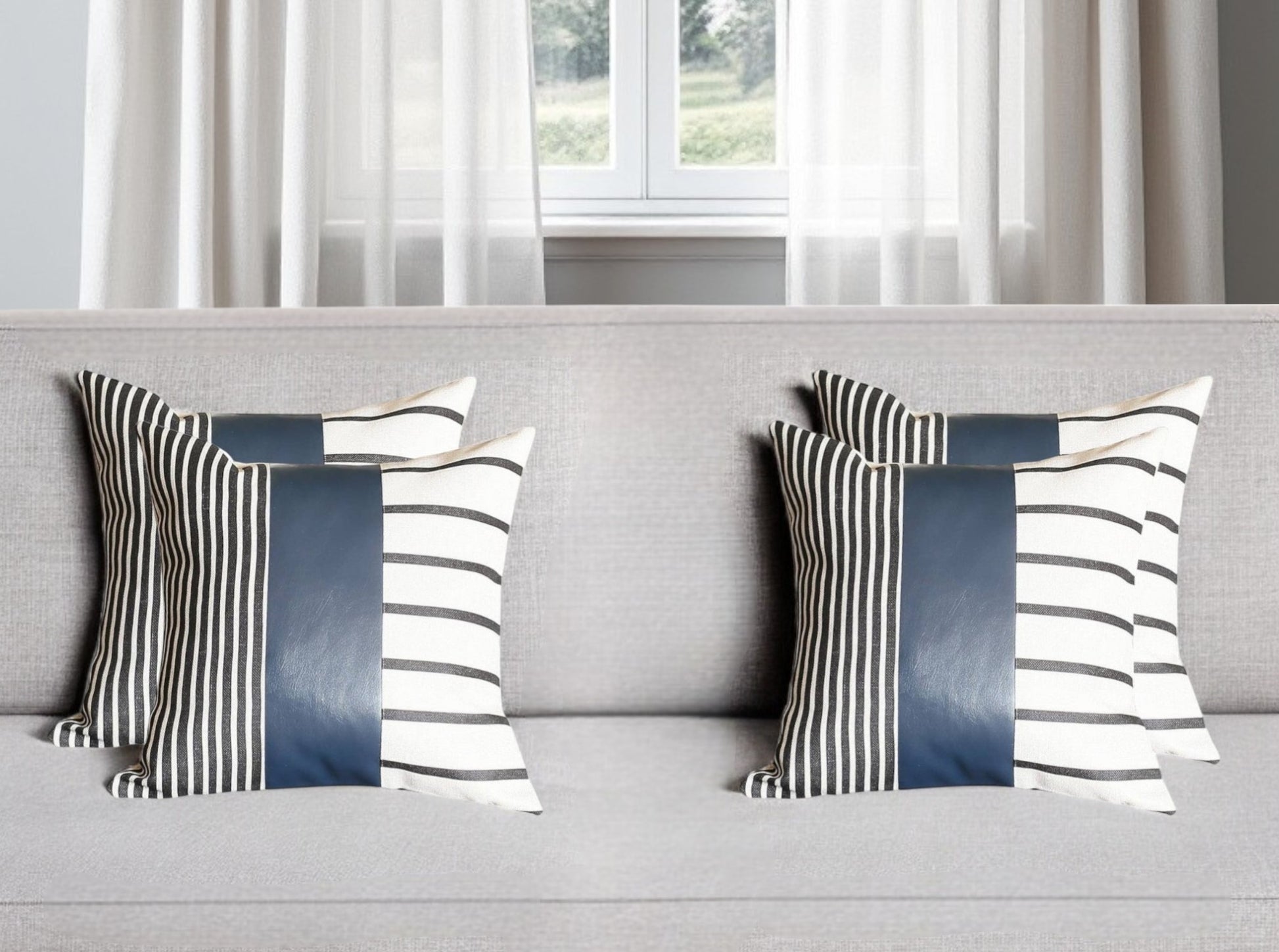 Set of Four 22" Black and White Striped Fabric and Faux Leather Throw Pillow Covers-Accent Throw Pillows-DECOROLALA