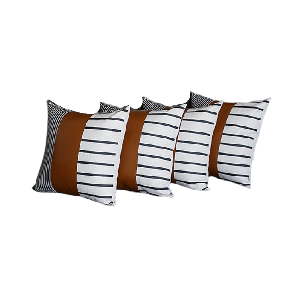 Set of Four 22" Brown and White Faux Leather Throw Pillow Cover-Accent Throw Pillows-DECOROLALA