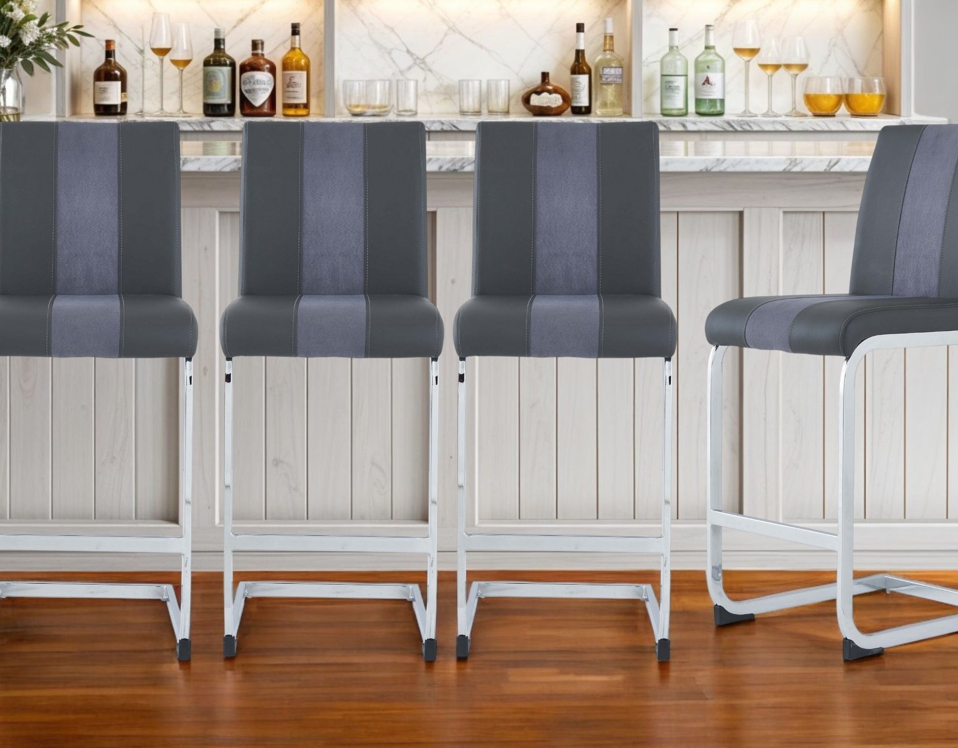 Set of Four 26" Gray and Silver Metal and Faux Leather Counter Height Bar Chairs-Bar Chairs-DECOROLALA
