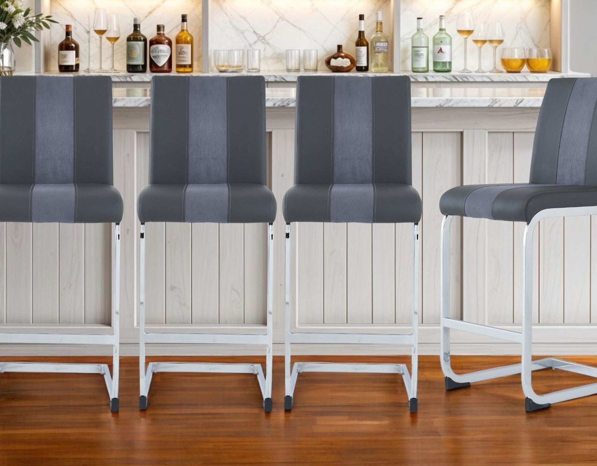 Set of Four 26" Gray and Silver Metal and Faux Leather Counter Height Bar Chairs-Bar Chairs-DECOROLALA