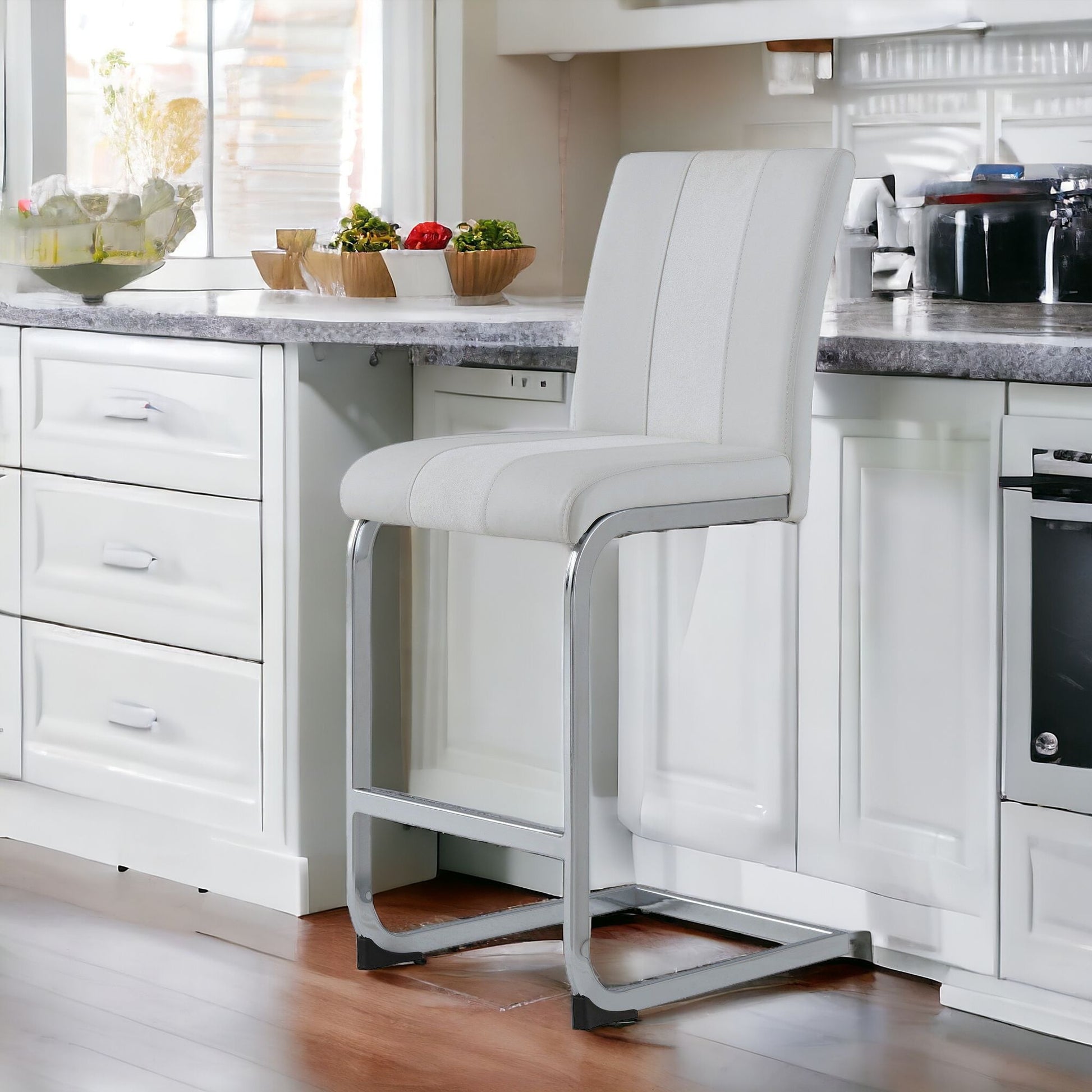 Set of Four 26 " White And Silver Metal Low Back Counter Height Bar Chairs-Bar Chairs-DECOROLALA