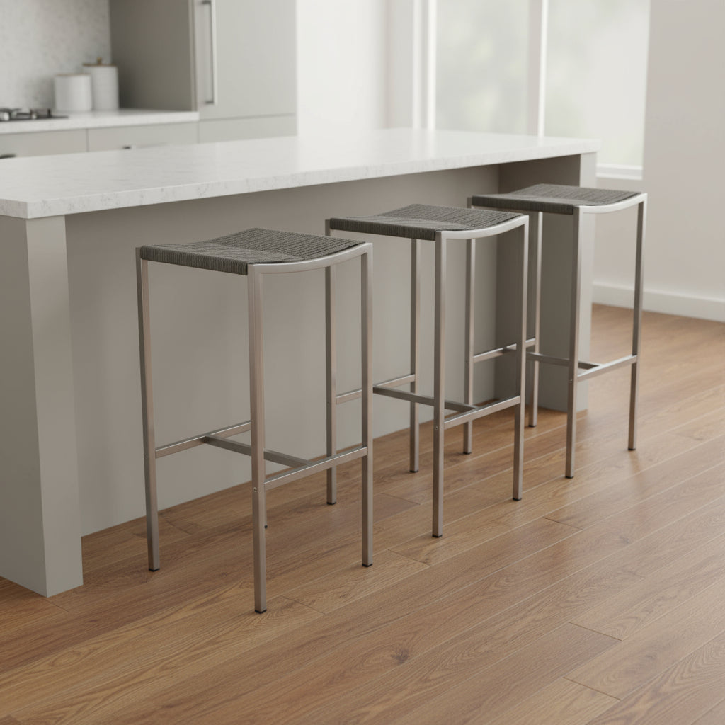 Set of Four 28" Brown and Silver Iron and Steel Backless Counter Height Bar Chairs-Bar Chairs-DECOROLALA