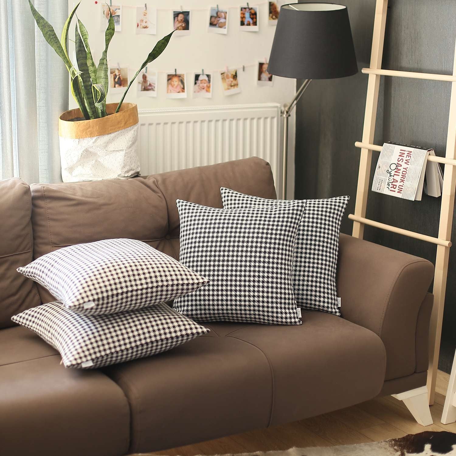 Set of Four Black And White Houndstooth Fabric Throw Pillow Covers-Accent Throw Pillows-DECOROLALA