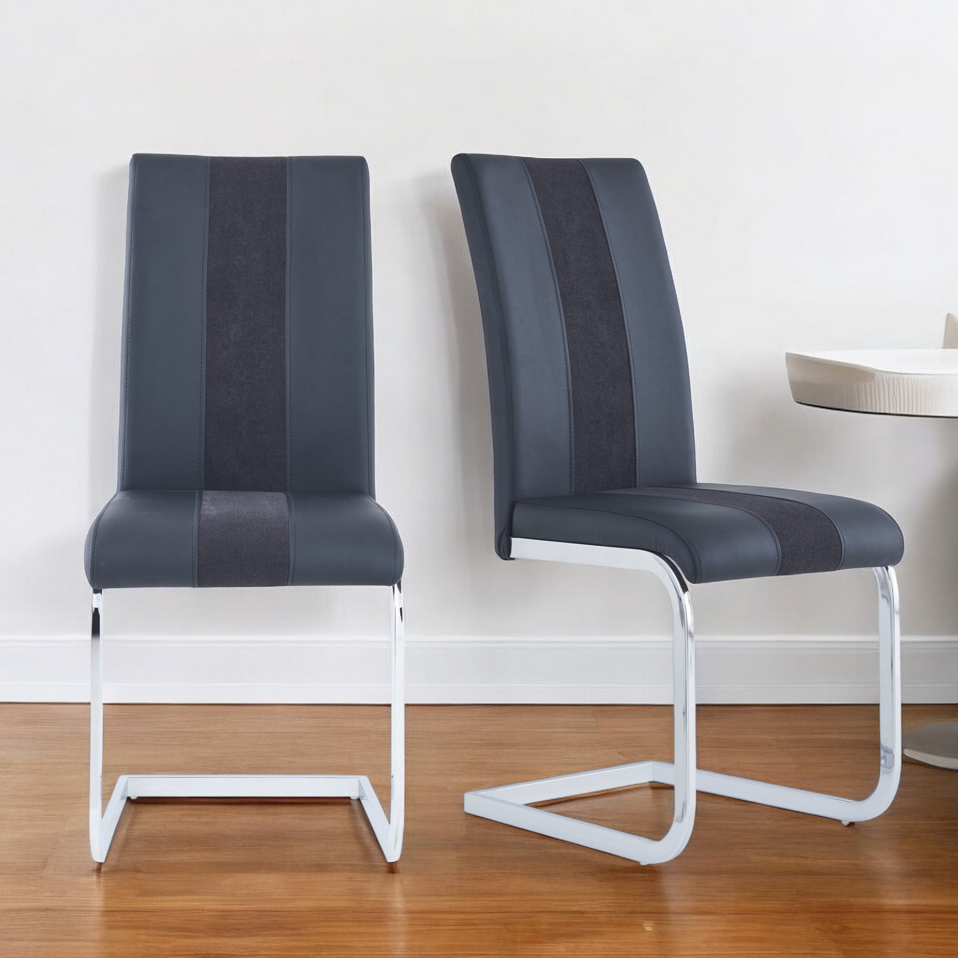 Set of Four Black and Silver Upholstered Faux Leather Dining Side Chairs-Dining Chairs-DECOROLALA