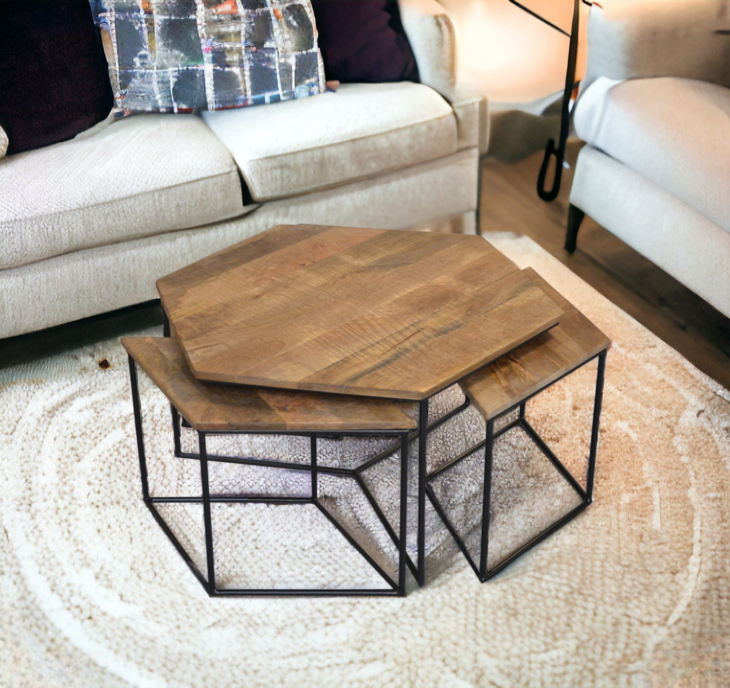 Set of Four Brown and Black Solid Wood and Iron Free Form Distressed Frame Nested Coffee Tables-Coffee Tables-DECOROLALA