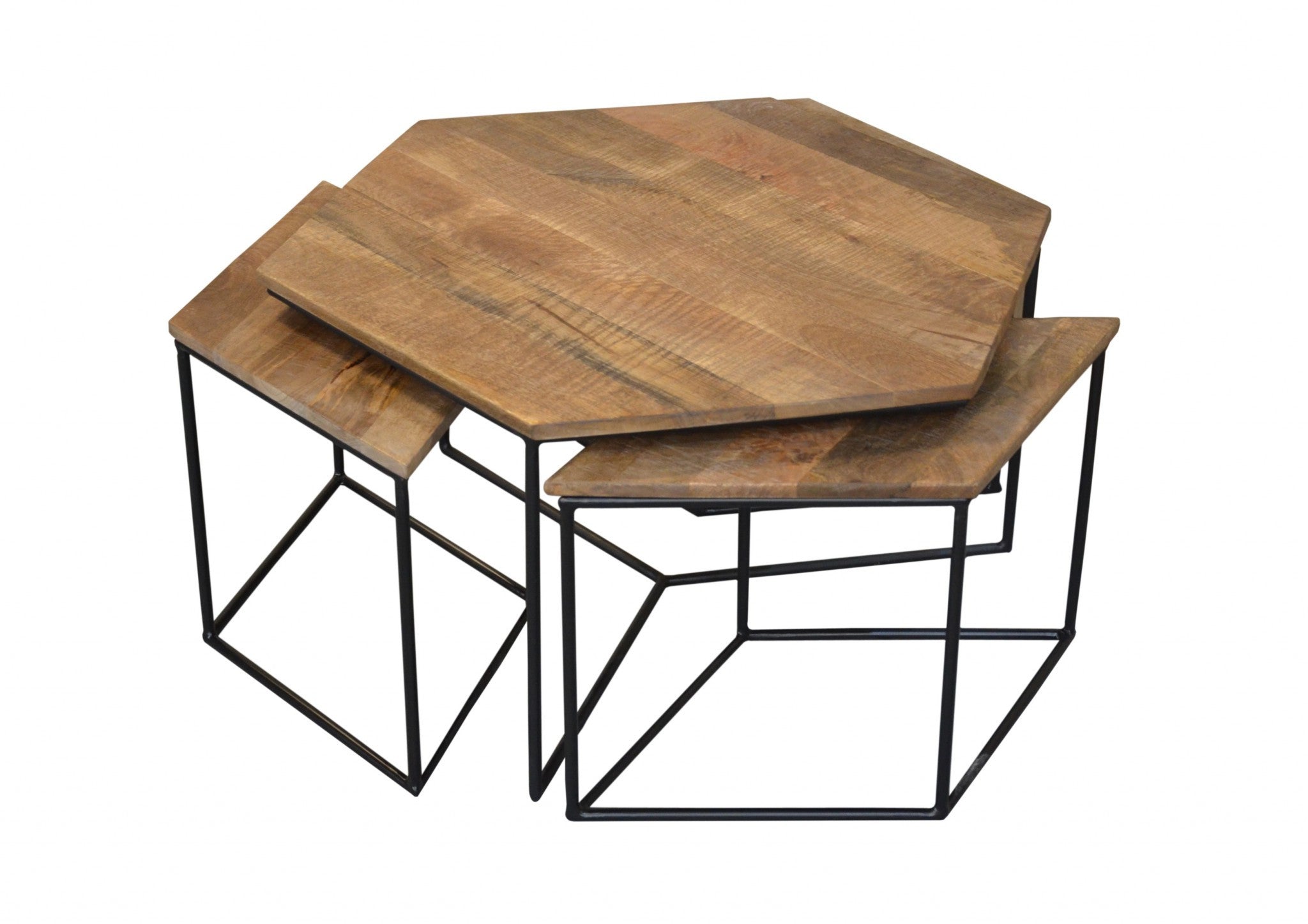Set of Four Brown and Black Solid Wood and Iron Free Form Distressed Frame Nested Coffee Tables-Coffee Tables-DECOROLALA