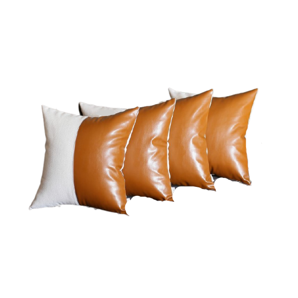 Set of Four Brown and White Faux Leather Throw Pillow Cover-Accent Throw Pillows-DECOROLALA