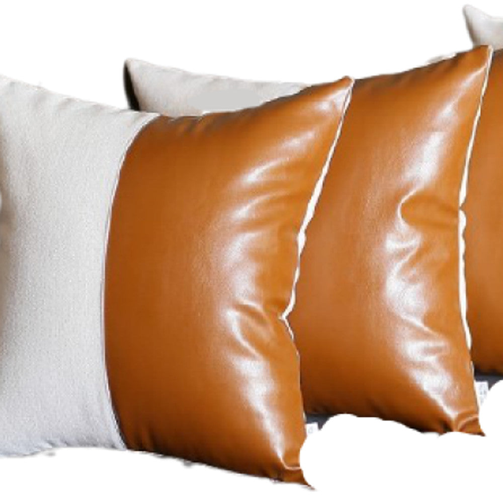 Set of Four Brown and White Faux Leather Throw Pillow Cover-Accent Throw Pillows-DECOROLALA