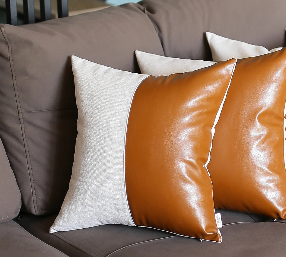 Set of Four Brown and White Faux Leather Throw Pillow Cover-Accent Throw Pillows-DECOROLALA