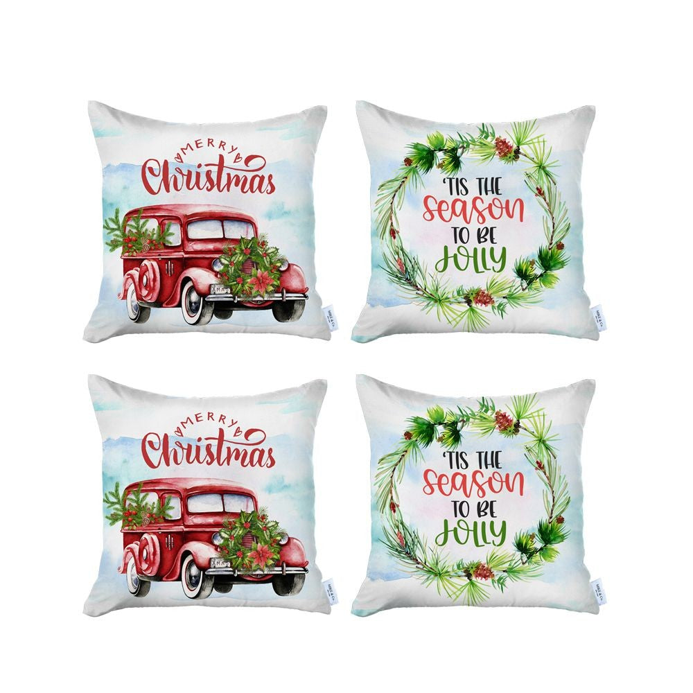 Set of Four Green Christmas Christmas Tree Fabric Throw Pillow Covers-Accent Throw Pillows-DECOROLALA