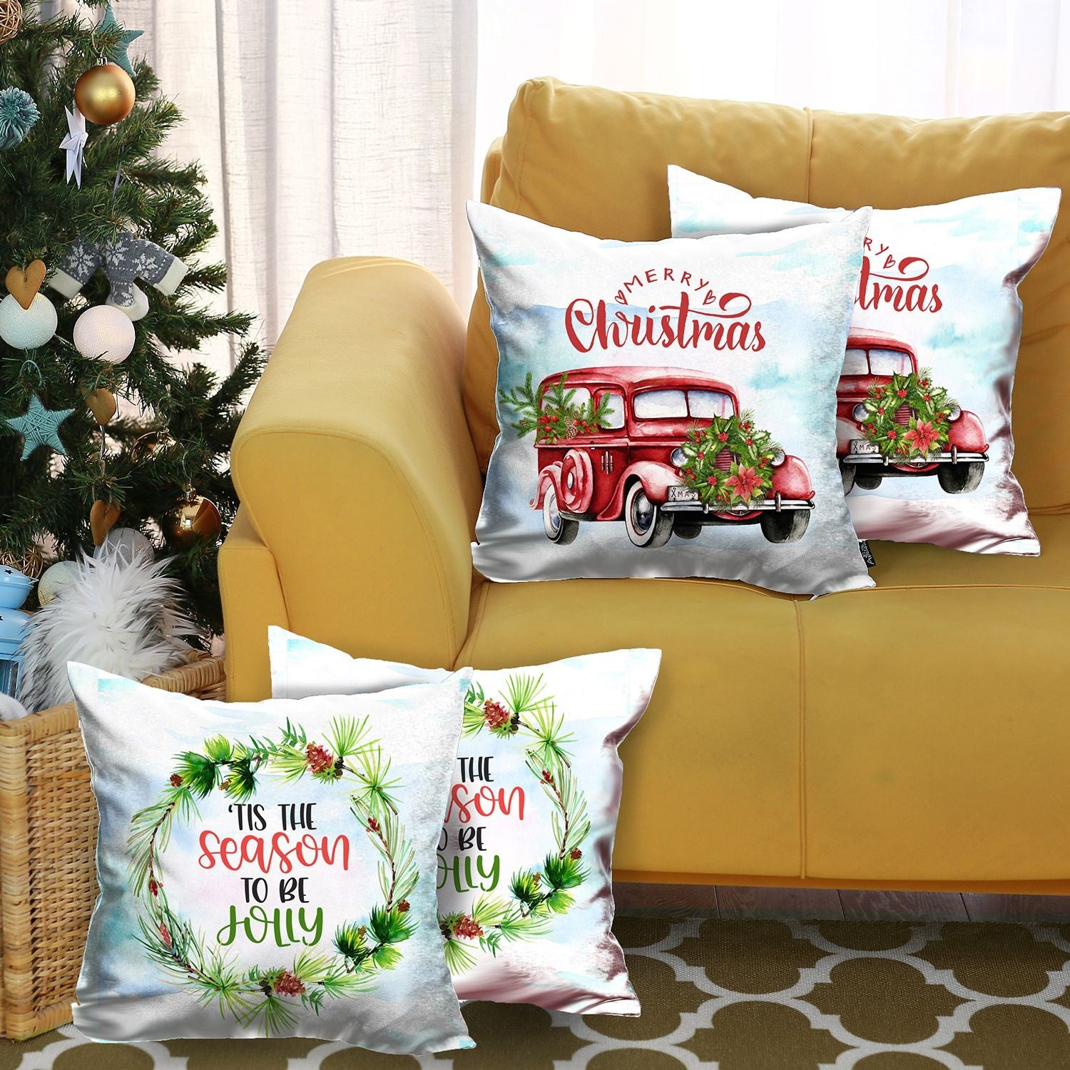 Set of Four Green Christmas Christmas Tree Fabric Throw Pillow Covers-Accent Throw Pillows-DECOROLALA