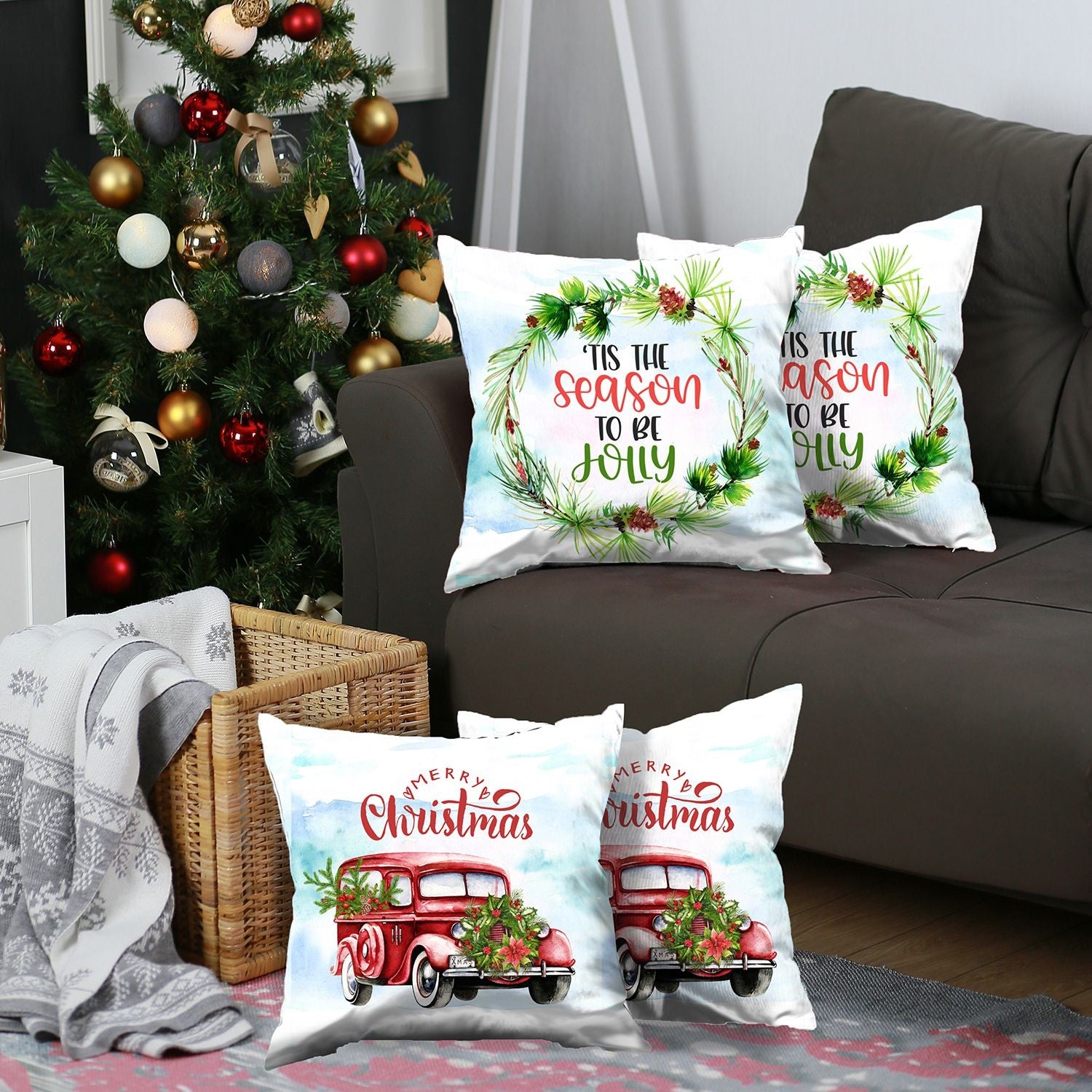 Set of Four Green Christmas Christmas Tree Fabric Throw Pillow Covers-Accent Throw Pillows-DECOROLALA