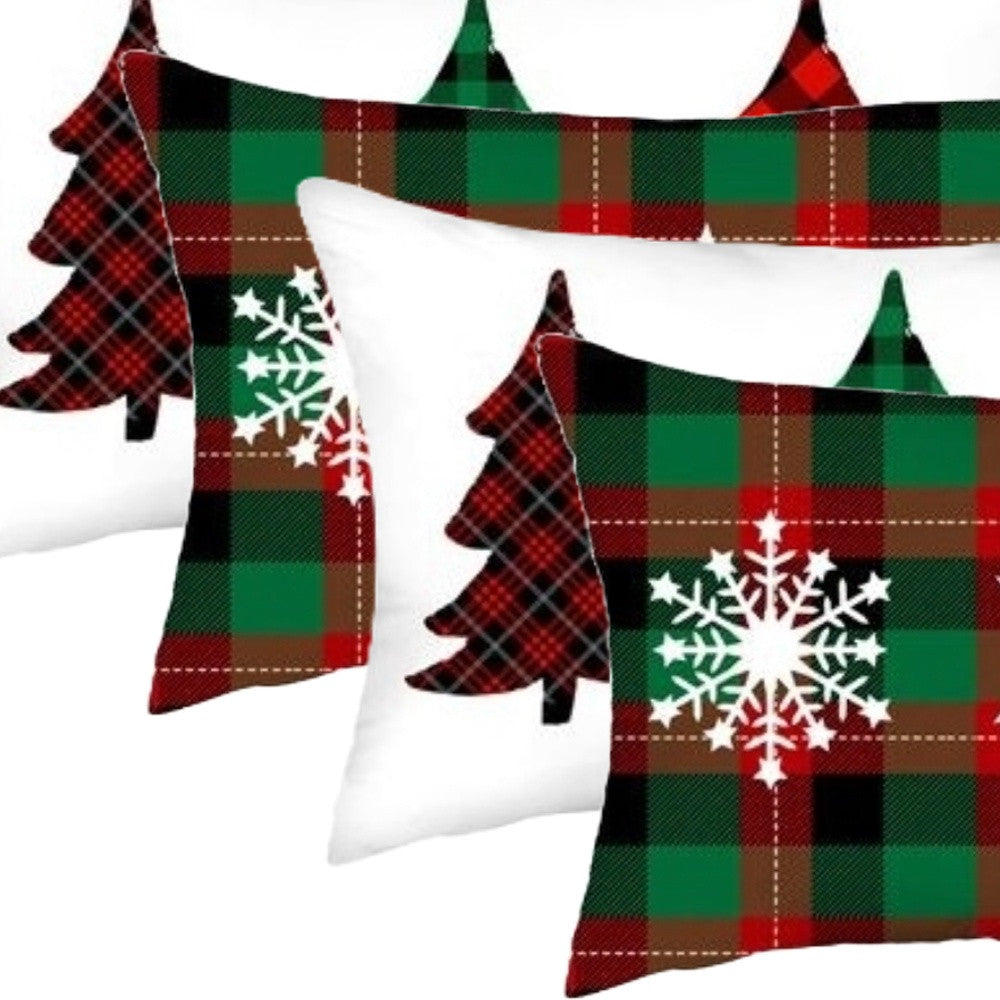 Set of Four Green Red And Black Christmas Christmas Trees Fabric Lumbar Throw Pillow Covers-Accent Throw Pillows-DECOROLALA