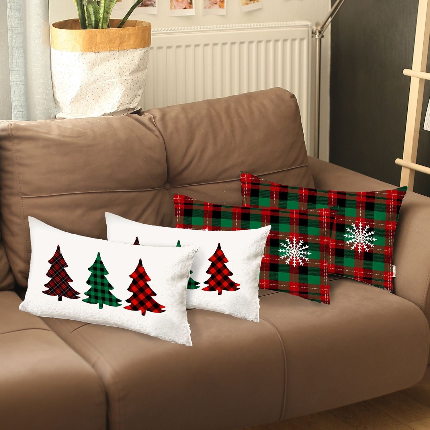 Set of Four Green Red And Black Christmas Christmas Trees Fabric Lumbar Throw Pillow Covers-Accent Throw Pillows-DECOROLALA