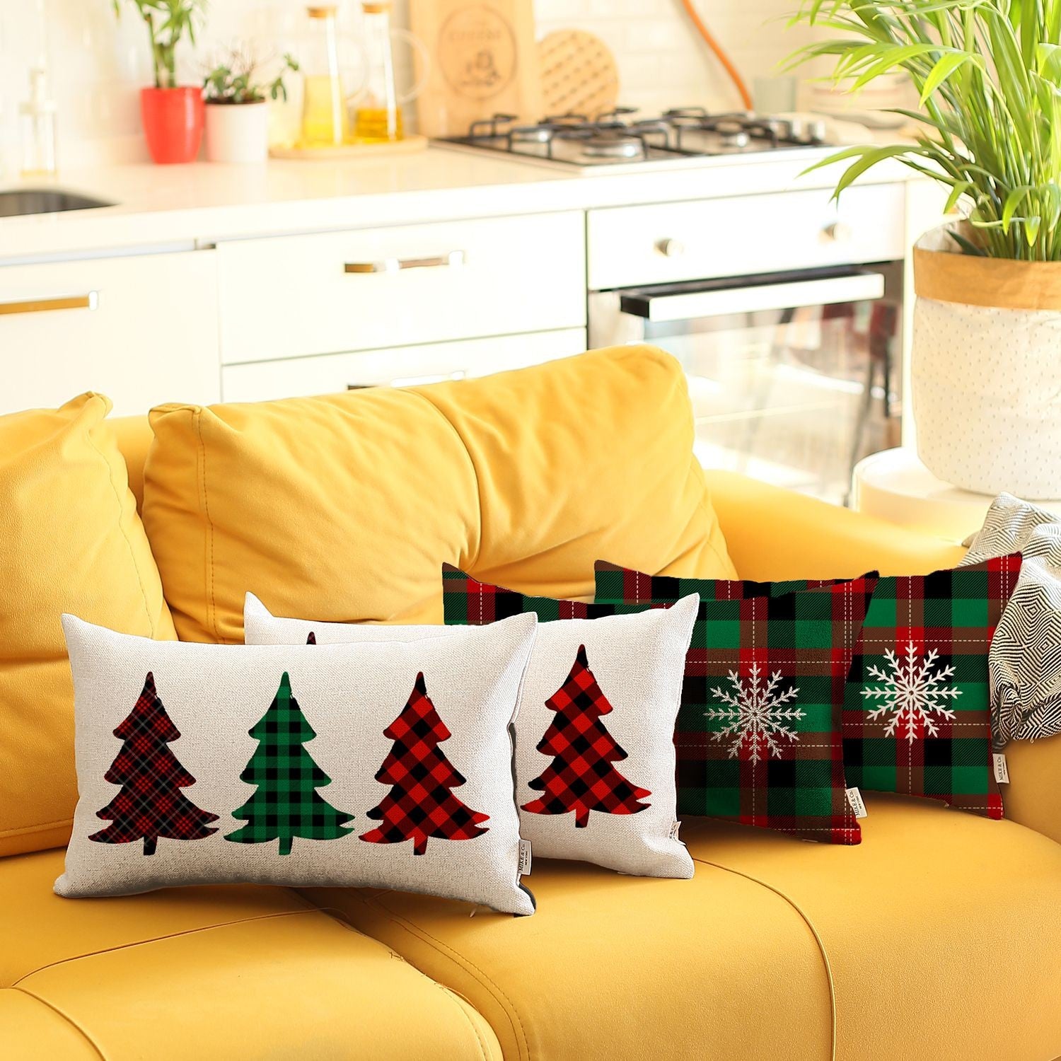 Set of Four Green Red And Black Christmas Christmas Trees Fabric Lumbar Throw Pillow Covers-Accent Throw Pillows-DECOROLALA