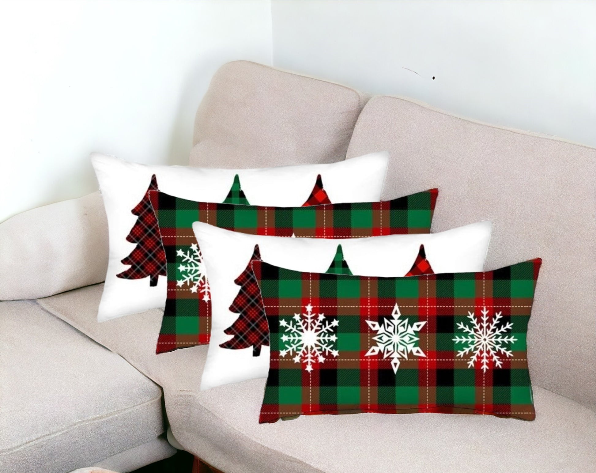 Set of Four Green Red And Black Christmas Christmas Trees Fabric Lumbar Throw Pillow Covers-Accent Throw Pillows-DECOROLALA