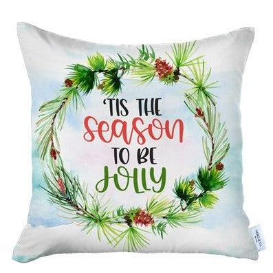 Set of Four Green Red and White Merry Christmas Tis the Season Christmas Wreath Fabric Throw Pillows-Accent Throw Pillows-DECOROLALA