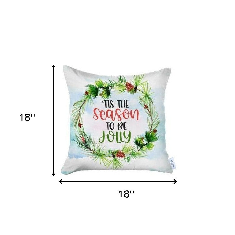 Set of Four Green Red and White Merry Christmas Tis the Season Christmas Wreath Fabric Throw Pillows-Accent Throw Pillows-DECOROLALA