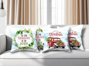 Set of Four Green Red and White Merry Christmas Tis the Season Christmas Wreath Fabric Throw Pillows-Accent Throw Pillows-DECOROLALA
