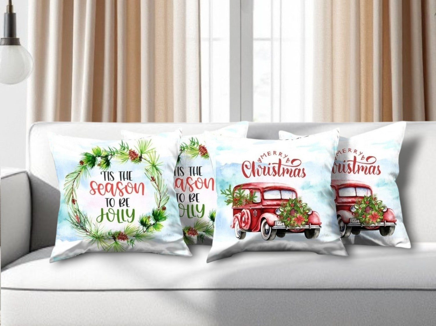 Set of Four Green Red and White Merry Christmas Tis the Season Christmas Wreath Fabric Throw Pillows-Accent Throw Pillows-DECOROLALA
