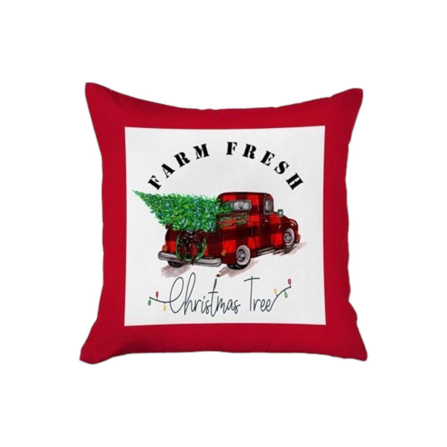Set of Four Red Black and White Farm Fresh Christmas Tree Holiday Red Truck Plaid Fabric Throw Pillows-Accent Throw Pillows-DECOROLALA