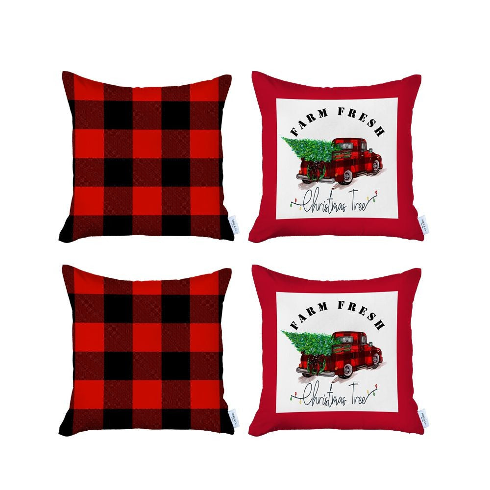 Set of Four Red Black and White Farm Fresh Christmas Tree Holiday Red Truck Plaid Fabric Throw Pillows-Accent Throw Pillows-DECOROLALA