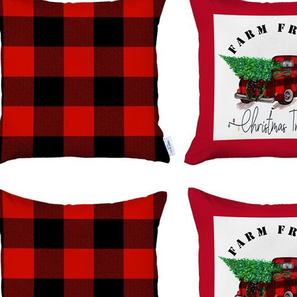 Set of Four Red Black and White Farm Fresh Christmas Tree Holiday Red Truck Plaid Fabric Throw Pillows-Accent Throw Pillows-DECOROLALA