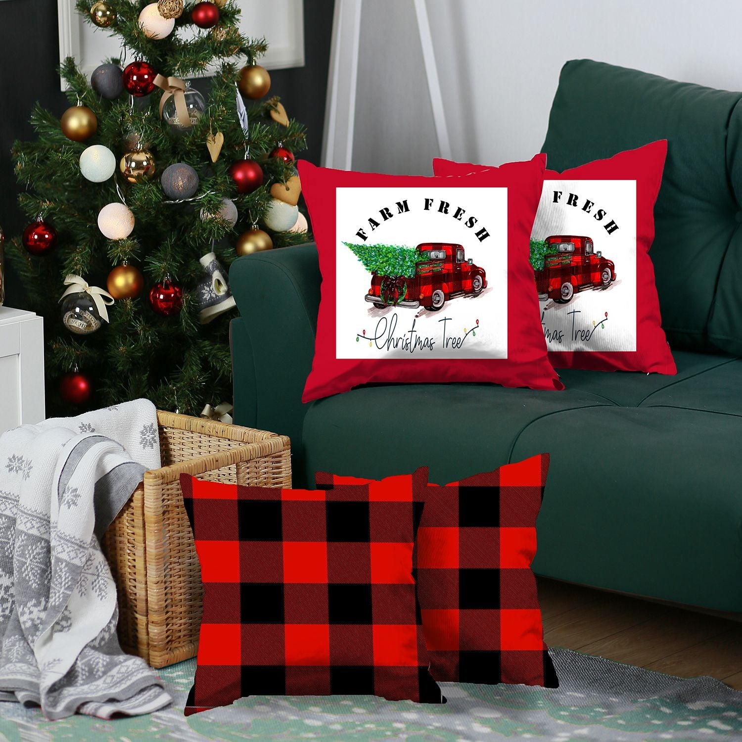 Set of Four Red Black and White Farm Fresh Christmas Tree Holiday Red Truck Plaid Fabric Throw Pillows-Accent Throw Pillows-DECOROLALA