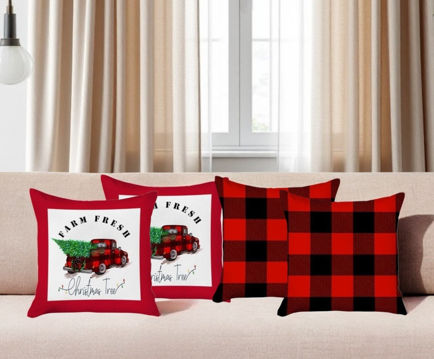 Set of Four Red Black and White Farm Fresh Christmas Tree Holiday Red Truck Plaid Fabric Throw Pillows-Accent Throw Pillows-DECOROLALA