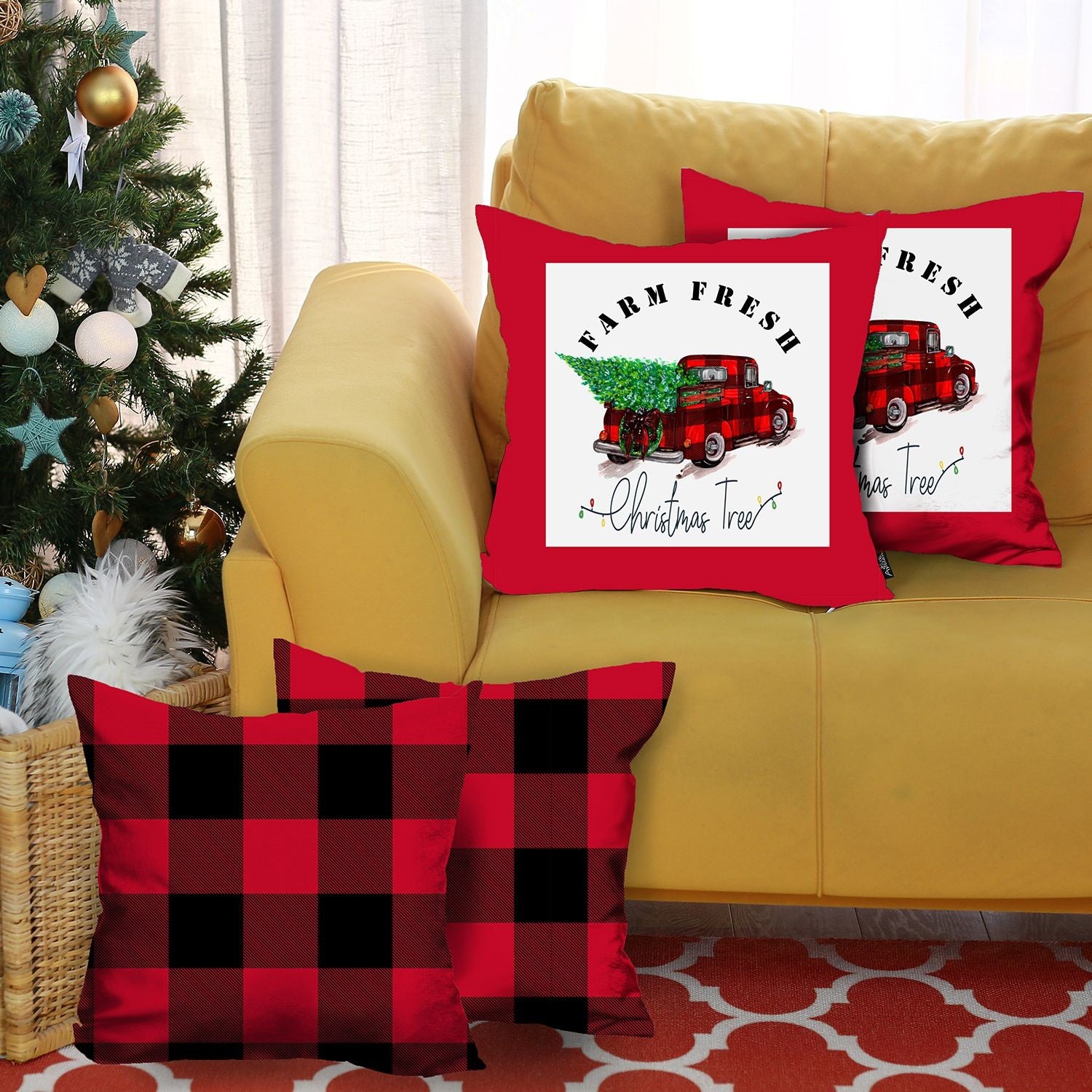 Set of Four Red and Black Christmas Christmas Tree Throw Pillow Cover-Accent Throw Pillows-DECOROLALA