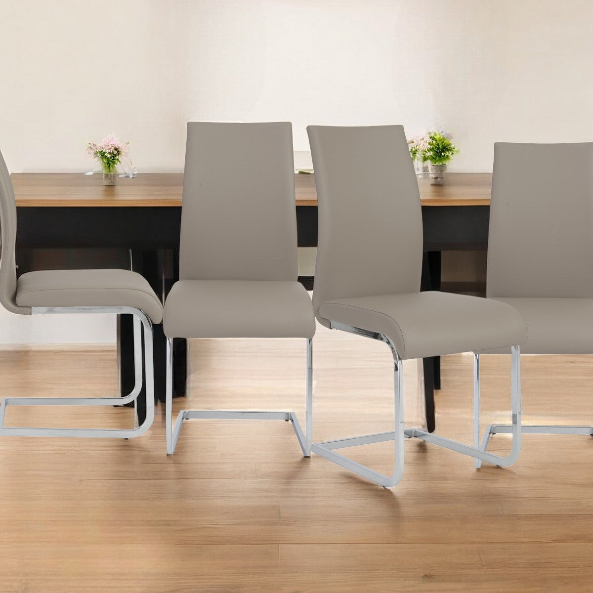 Set of Four Taupe and Silver Upholstered Leather Dining Side Chairs-Dining Chairs-DECOROLALA