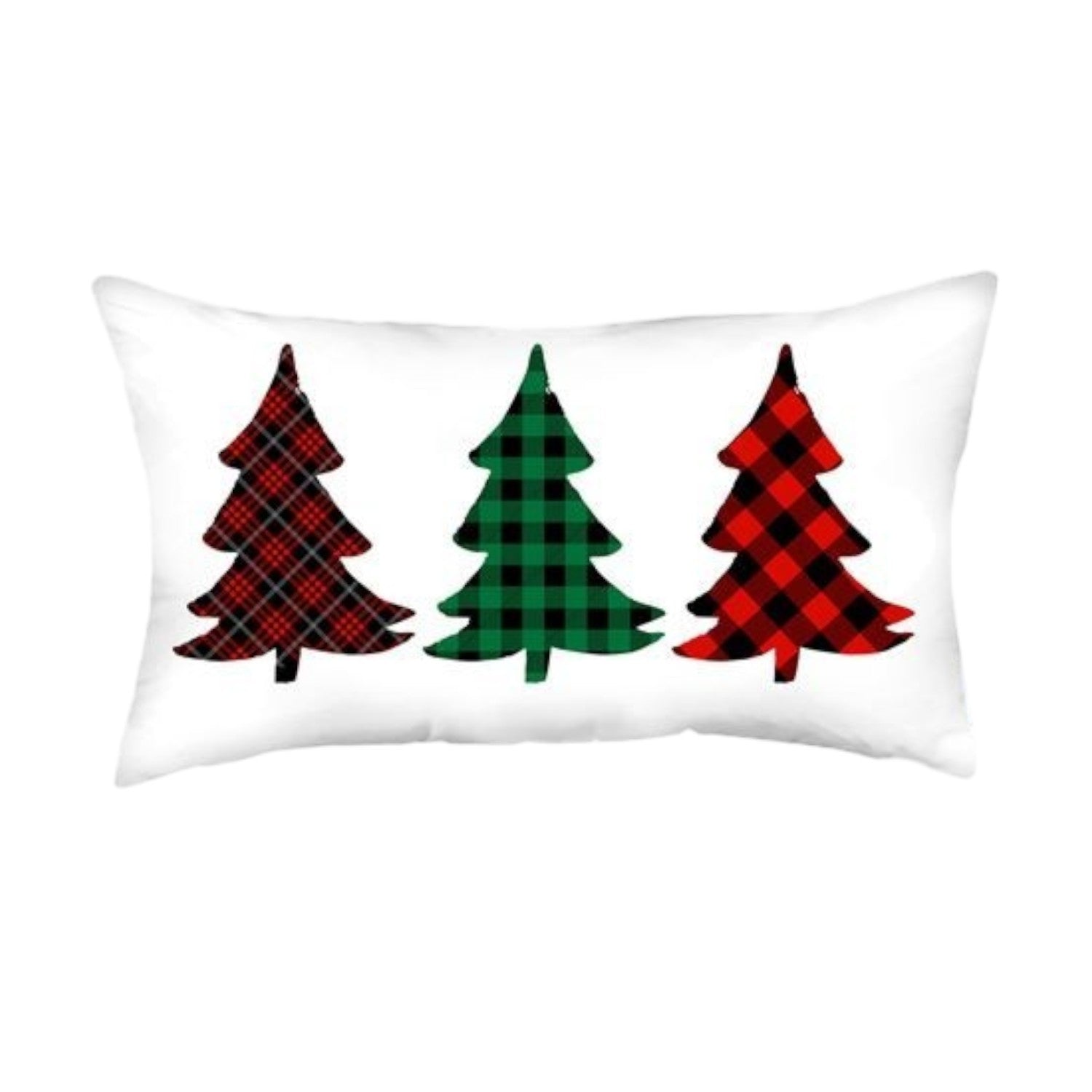 Set of Four White Red and Green Christmas Trees Plaid Fabric Lumbar Throw Pillows-Accent Throw Pillows-DECOROLALA