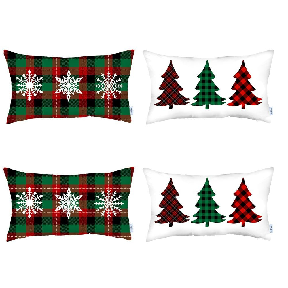 Set of Four White Red and Green Christmas Trees Plaid Fabric Lumbar Throw Pillows-Accent Throw Pillows-DECOROLALA