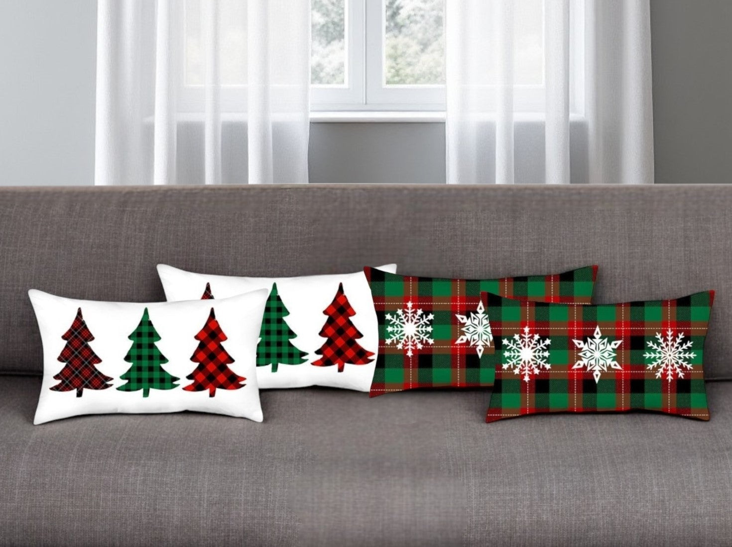 Set of Four White Red and Green Christmas Trees Plaid Fabric Lumbar Throw Pillows-Accent Throw Pillows-DECOROLALA