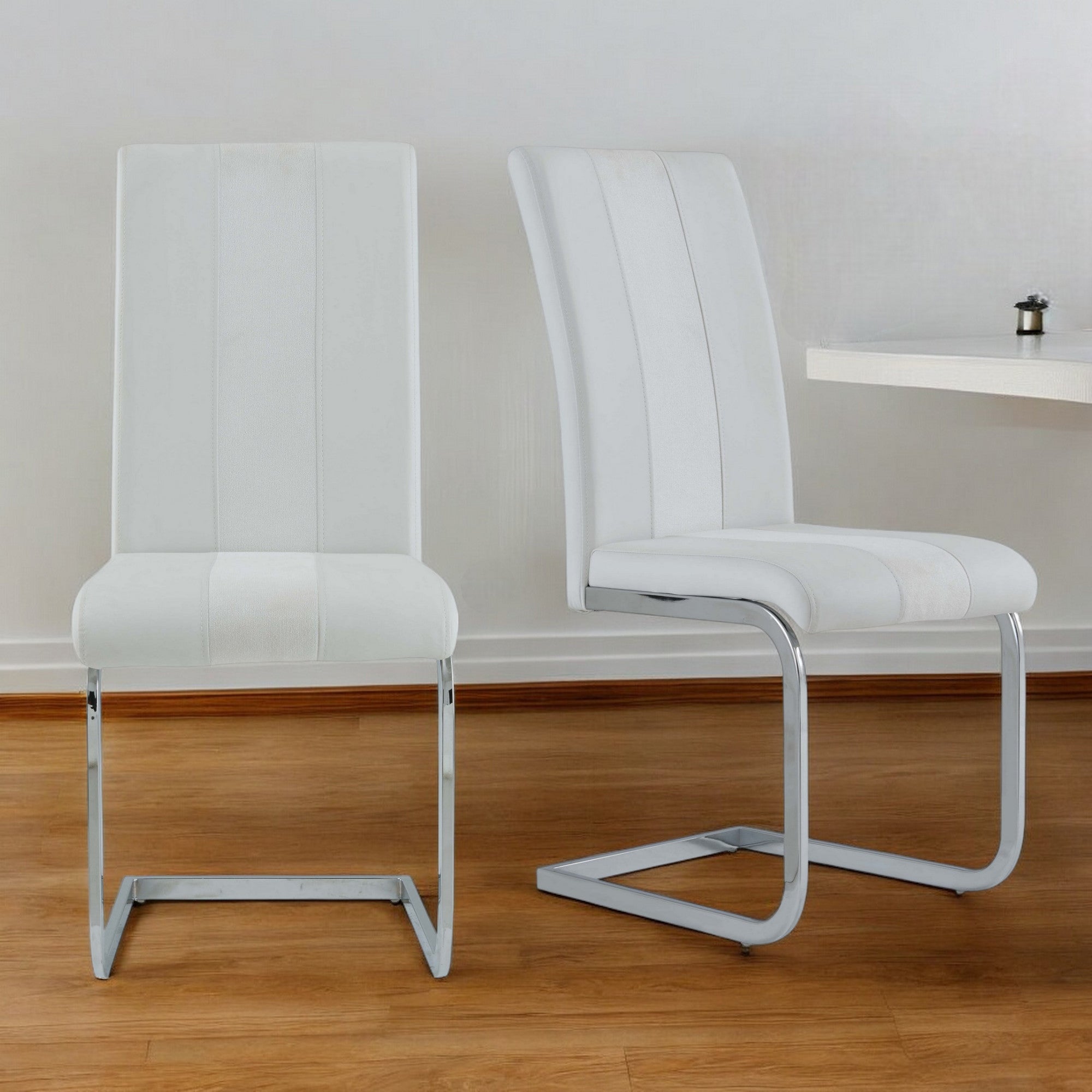 Set of Four White and Silver Upholstered Faux Leather Dining Side Chairs-Dining Chairs-DECOROLALA