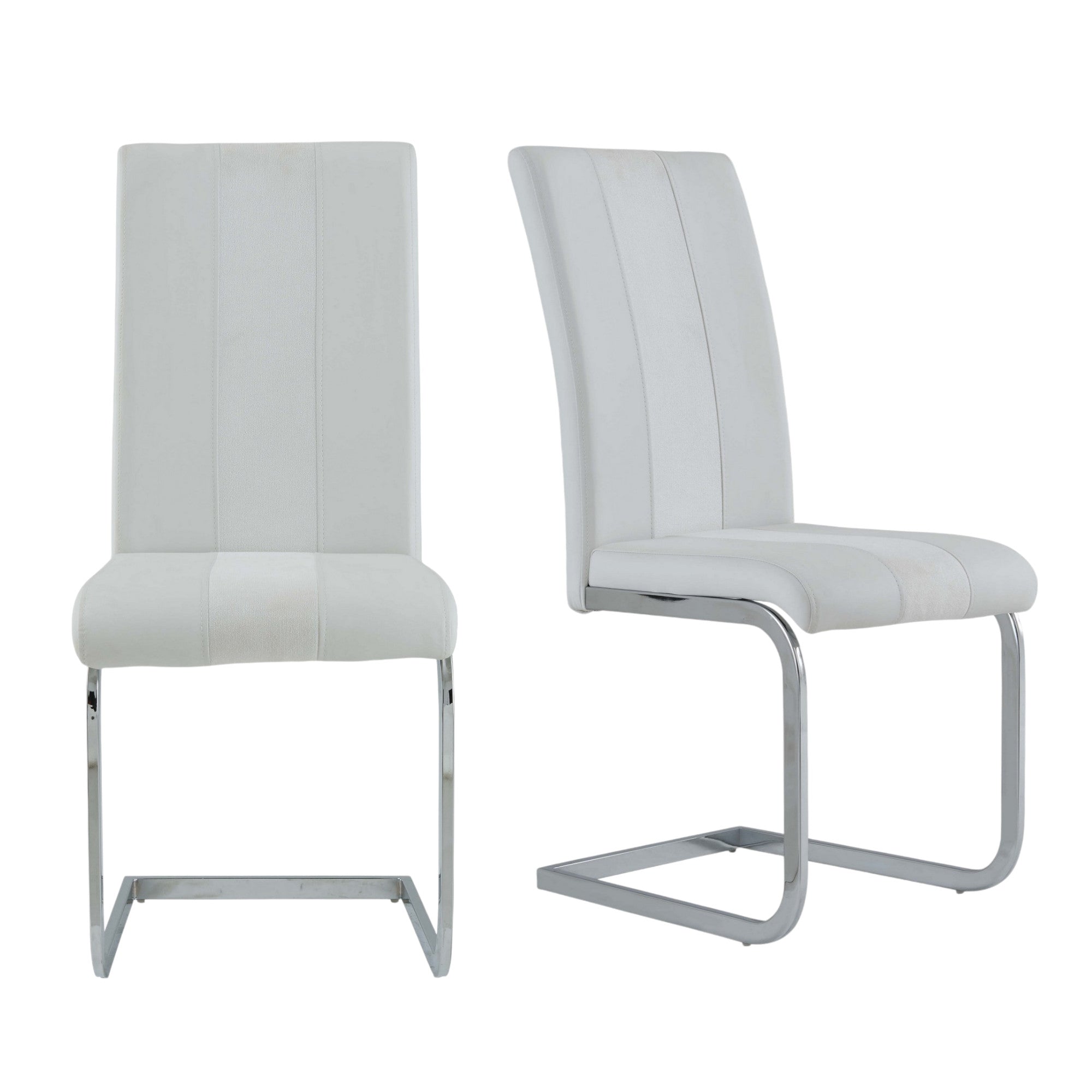 Set of Four White and Silver Upholstered Faux Leather Dining Side Chairs-Dining Chairs-DECOROLALA
