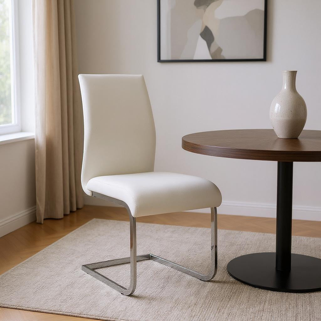 Set of Four White and Silver Upholstered Leather Dining Side Chairs-Dining Chairs-DECOROLALA