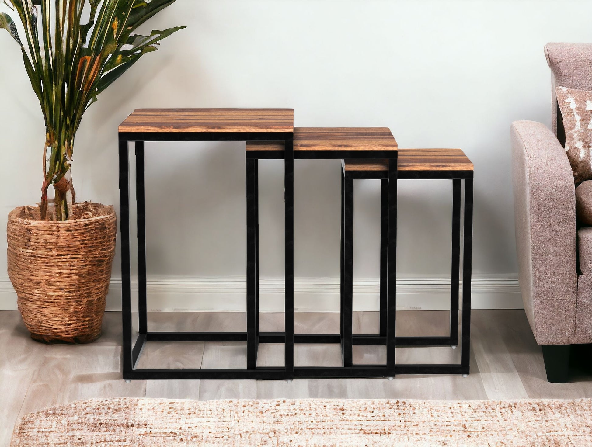 Set of Three 17" Black And Brown Solid Wood Nested Tables-End-Side Tables-DECOROLALA