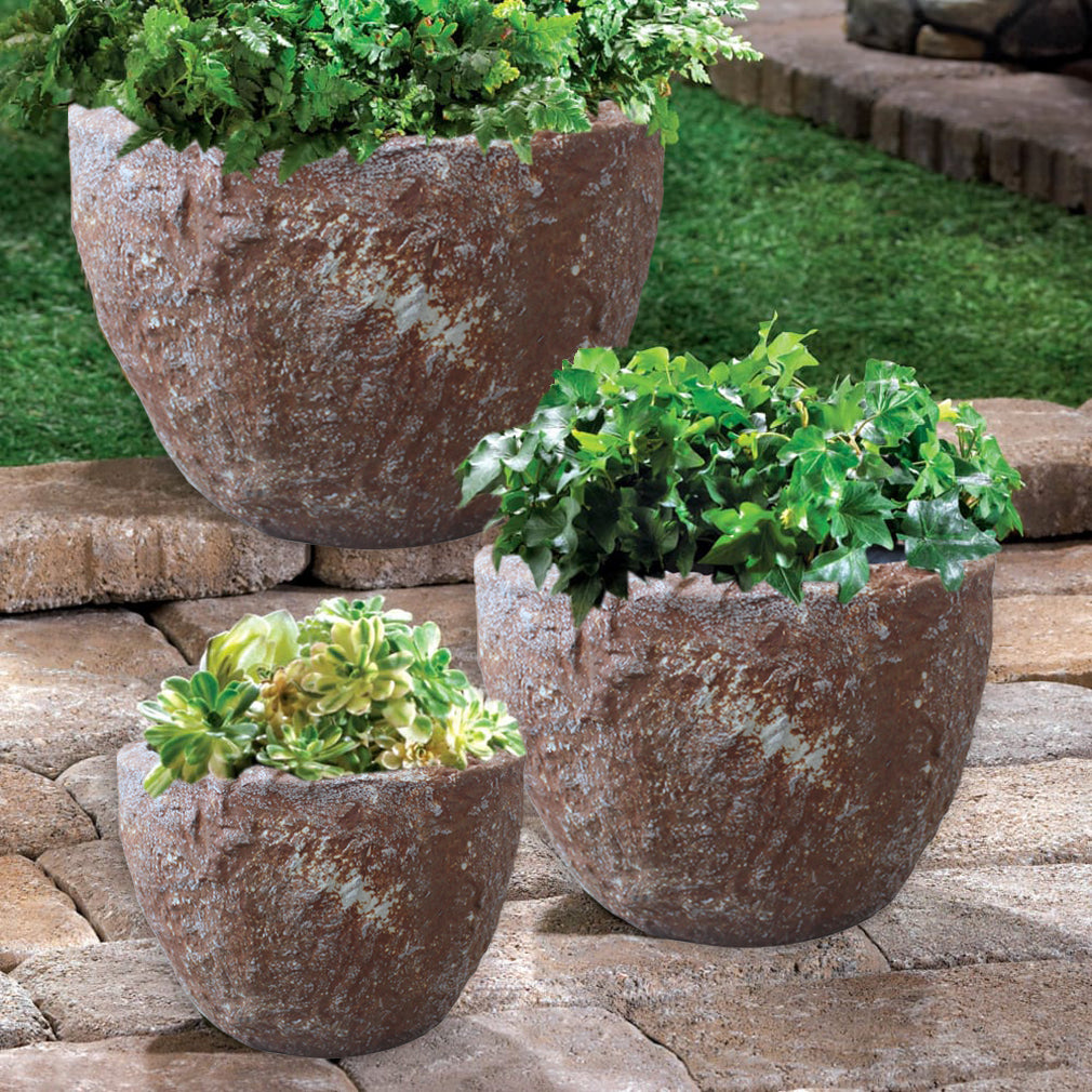 Set of Three 21" Brown Stone Indoor Outdoor Round Pot Planter-Outdoor Planters-DECOROLALA