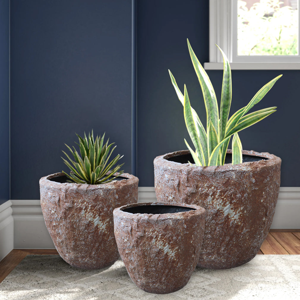 Set of Three 21" Brown Stone Indoor Outdoor Round Pot Planter-Outdoor Planters-DECOROLALA
