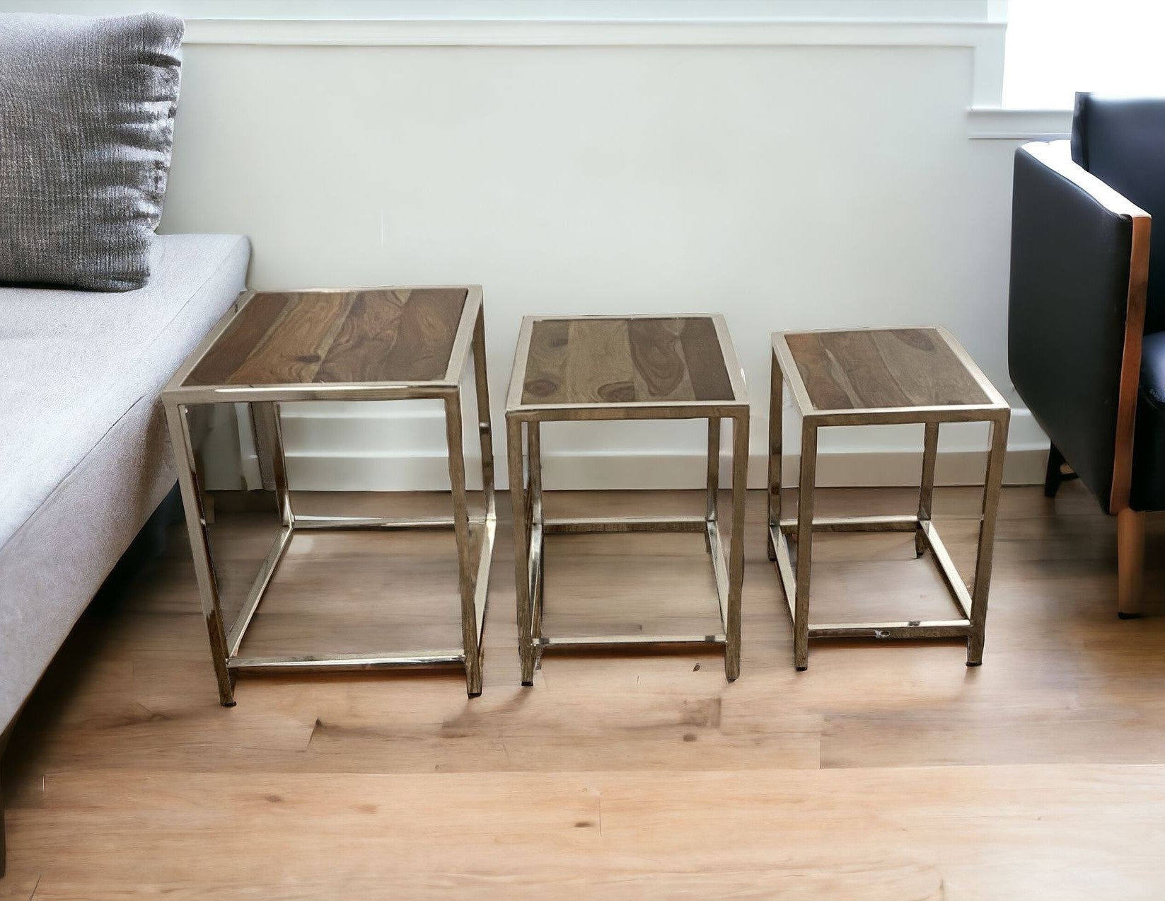 Set of Three 21" Silver And Brown Solid Wood Nested Tables-End-Side Tables-DECOROLALA